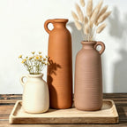 Ceramic Vase Set of 3 with Handles, Blue White Neutral Rustic Modern Farmhouse Boho Decor, Versatile as Table Centerpiece or Mantel & Shelf Accent - Unique Home Gift Idea