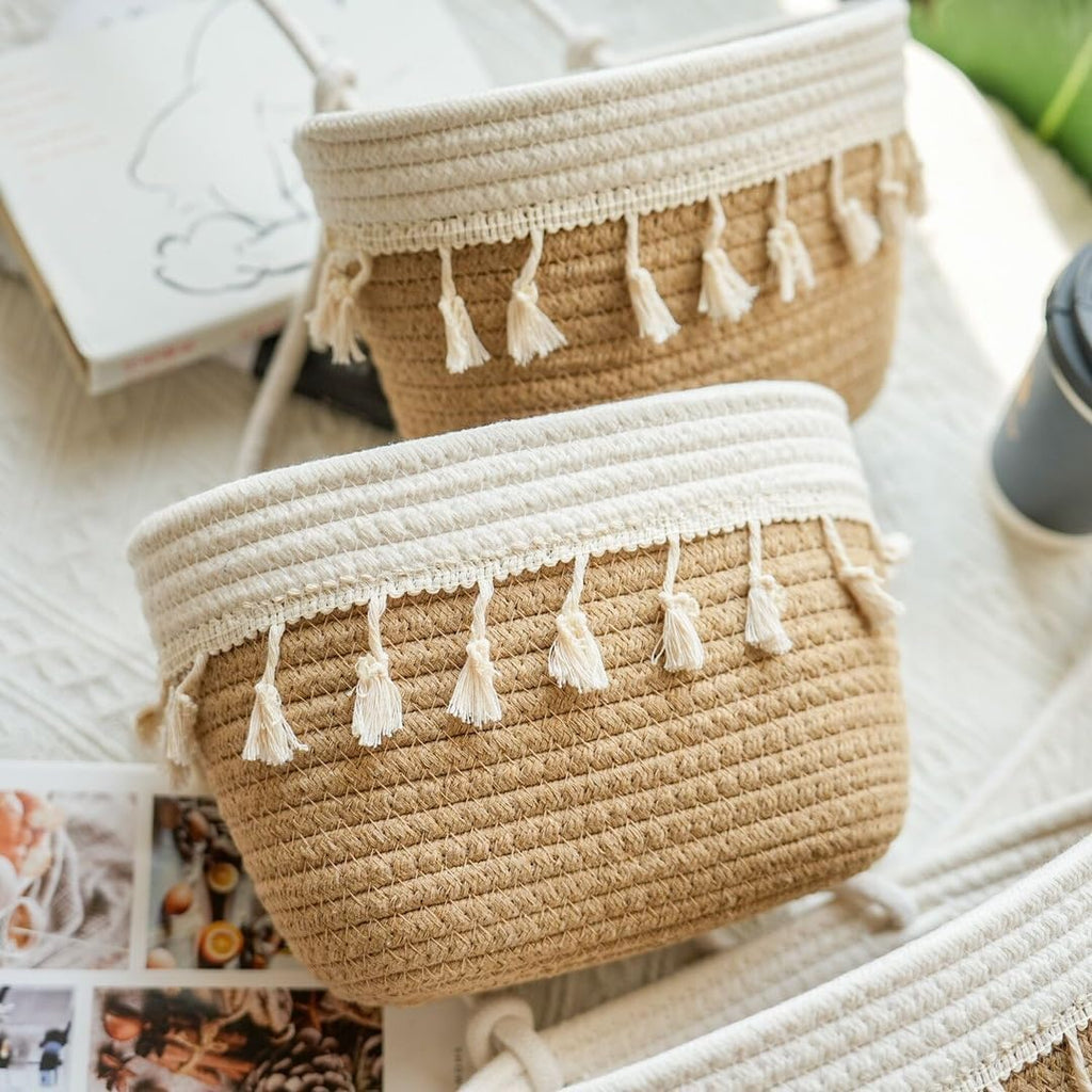 3-Tier Cotton Rope Baskets with Tassels Over the Door Wall Hanging Baskets for Nursery, Living Room, Bathroom, Door Storage Organizer for Decoration Jute&White