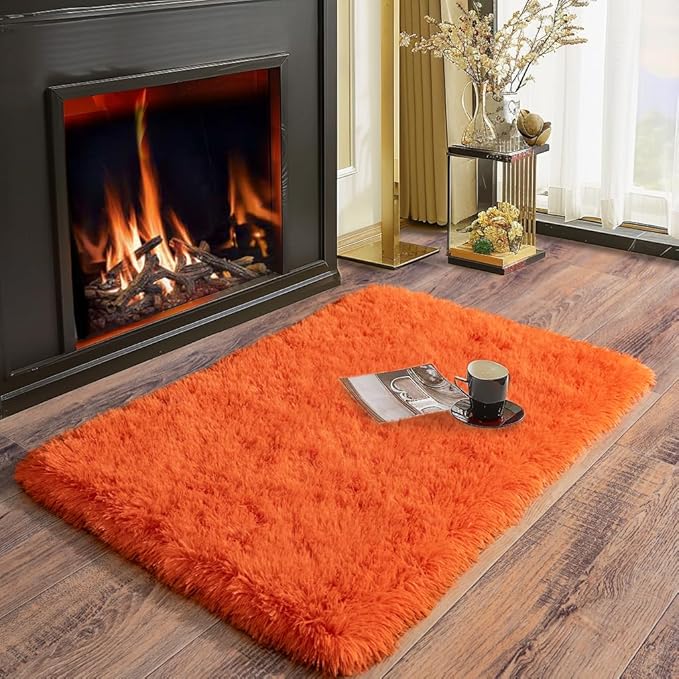 Soft Runner Rugs for Bedroom Hallways, 2x3 Orange Fluffy Shag Throw Area Rug - Image 3