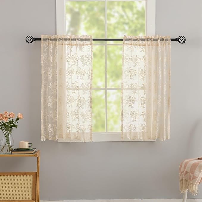 YJ YANJUN Vintage Lace Curtains 30 Inch Length- Cottage Floral Short Beige by YJYANJUN