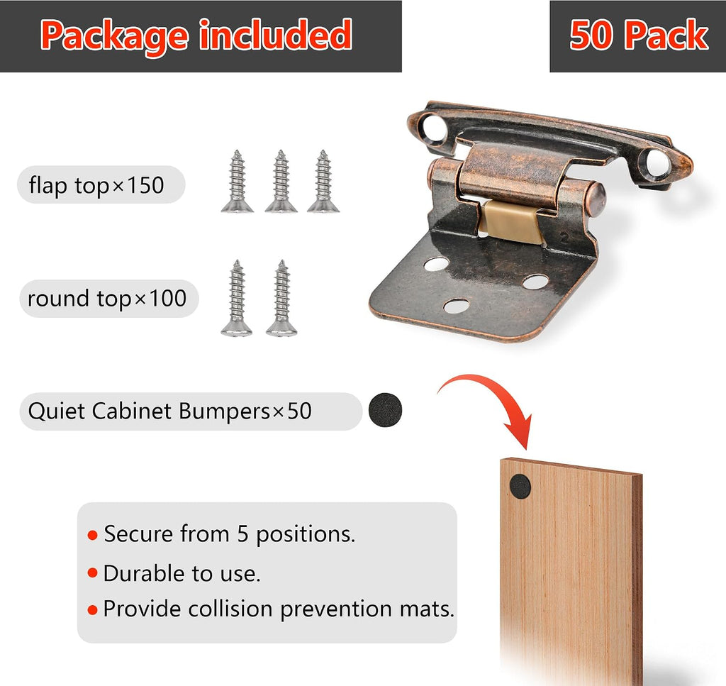 50 Pack 25 Pairs 1/2" Overlay Cabinet Door Hinges - Oil Rubbed Bronze Self Closing Hinges