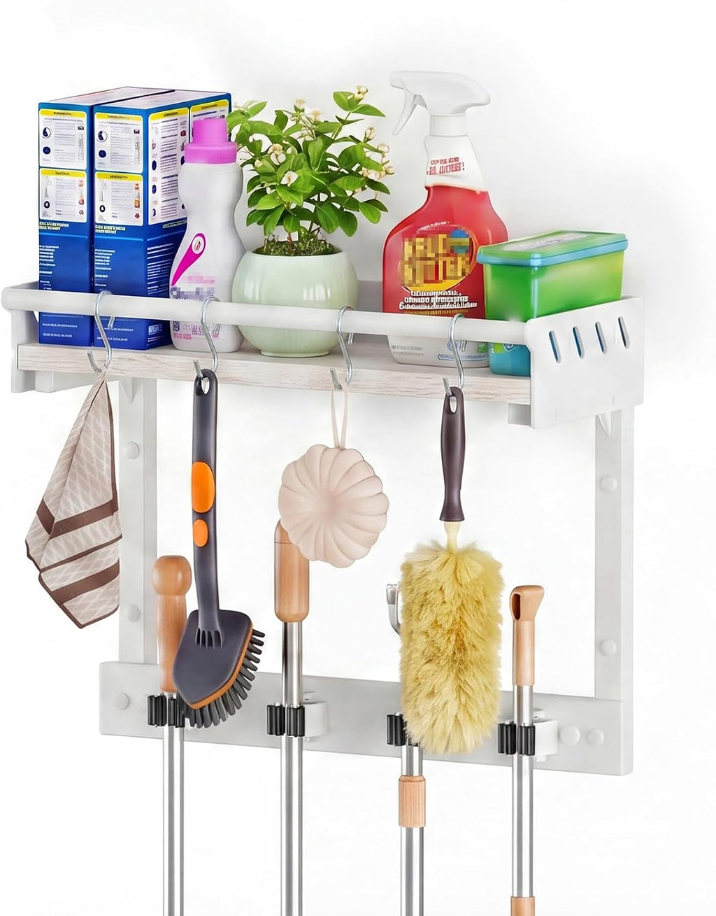Broom Holder Wall Mount with Shelf, Black, L