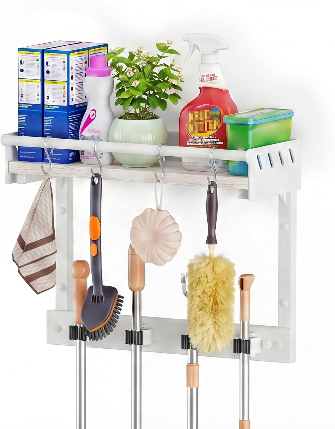 Broom Holder Wall Mount with Shelf, Black, L