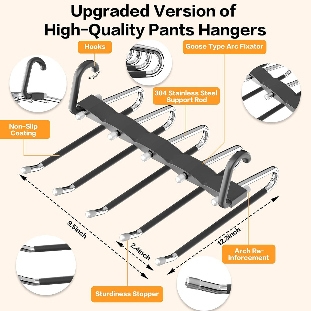 Pants Hangers Space Saving - 2 Pack Closet Organizer and Storage Jean Hangers, Stainless Steel Anti-Slip Clothes Hanger Scarf Holder for Pants Jeans Leggings Trousers Pant Rack, Black