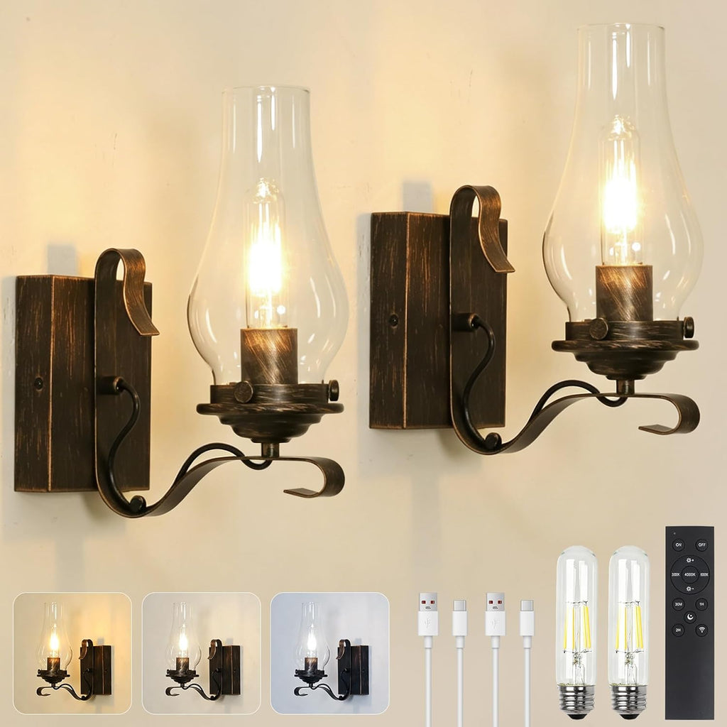 Battery Operated Wall Sconces, Rustic Wall Lights Sets of 2, Non-Hardwired Antique Kerosene Wall Lamps, Vintage Bedside Gold Wall Sconces with Remote for Living Room, Bedroom, Hallway etc