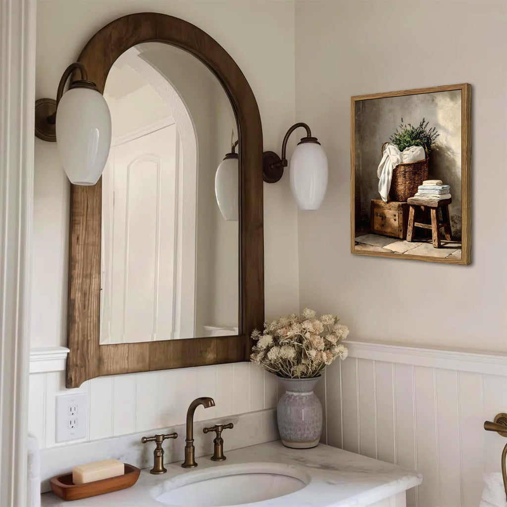 Vintage Laundry Room Wall Art Rustic Laundry Basket Bathroom Wall Decor Poster Country Farmhouse Wildflower Canvas Painting Print 12x16 inch Wood Framed
