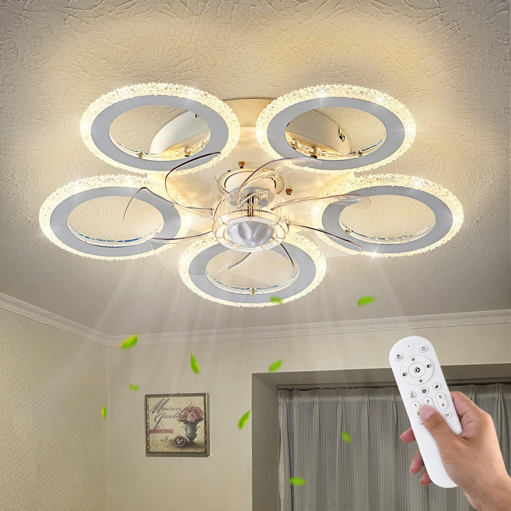 Dalouguan Modern Ceiling Fan with Light, 20" White Personality Geometric 6 Speeds 3 Light Color Low Profile Flush Mount Ceiling Fan for Kitchen Bedroom