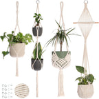 Nook Theory 4-Pack Macrame Plant Hangers with 8 Hooks - Hanging Planters for Indoor Plants, Boho Macrame Hangers Indoor Outdoor, Decorative Plant Hanger Indoor (Cream)