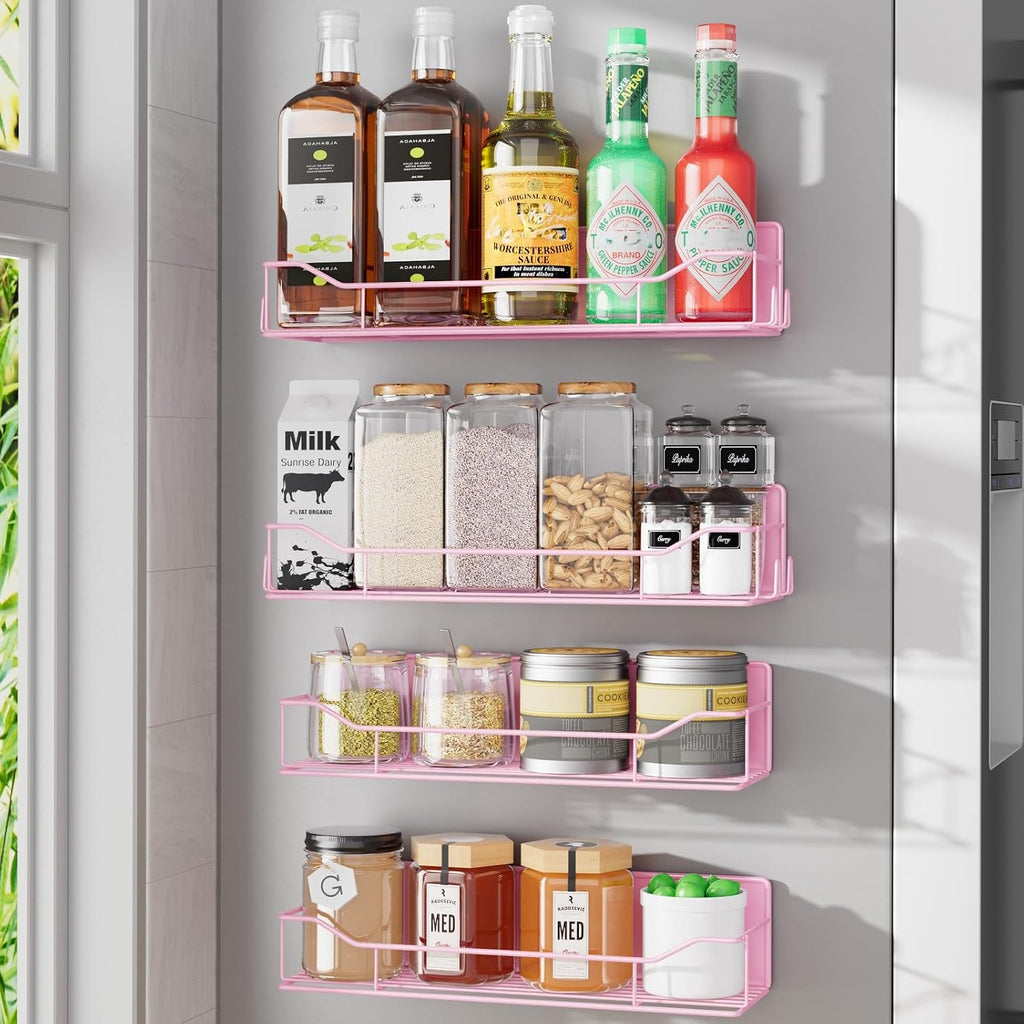 Magnetic Spice Rack for Refrigerator, 4 Pack Metal Strong Magnet Spice Organizer Shelves, Magnetic Fridge Shelf for Kitchen Seasoning Organizer Gadgets, Home Organization and Storage (Pink)