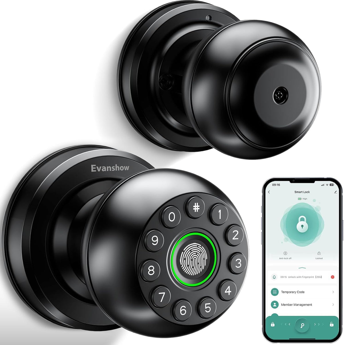Smart Door Knob Fingerprint Lock 4-in-1 Keyless Entry (Fingerprint/App/Code/Key) Biometric Door with Auto-Lock Easy Install for Home/Bedroom/Office-Black