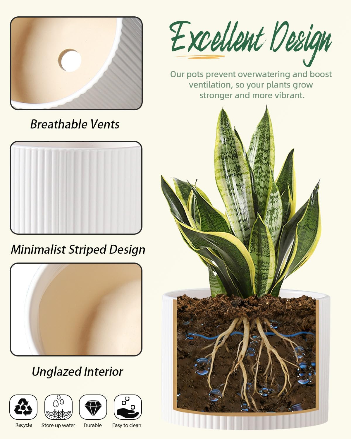 Ceramic Plant Pots, 8.1 + 6 Inch Planters for Indoor Plants, Modern Flower Pots for Plants with Drainage, Medium Cylinder Flower Pots for Indoor Plants, House Plants, Matte White