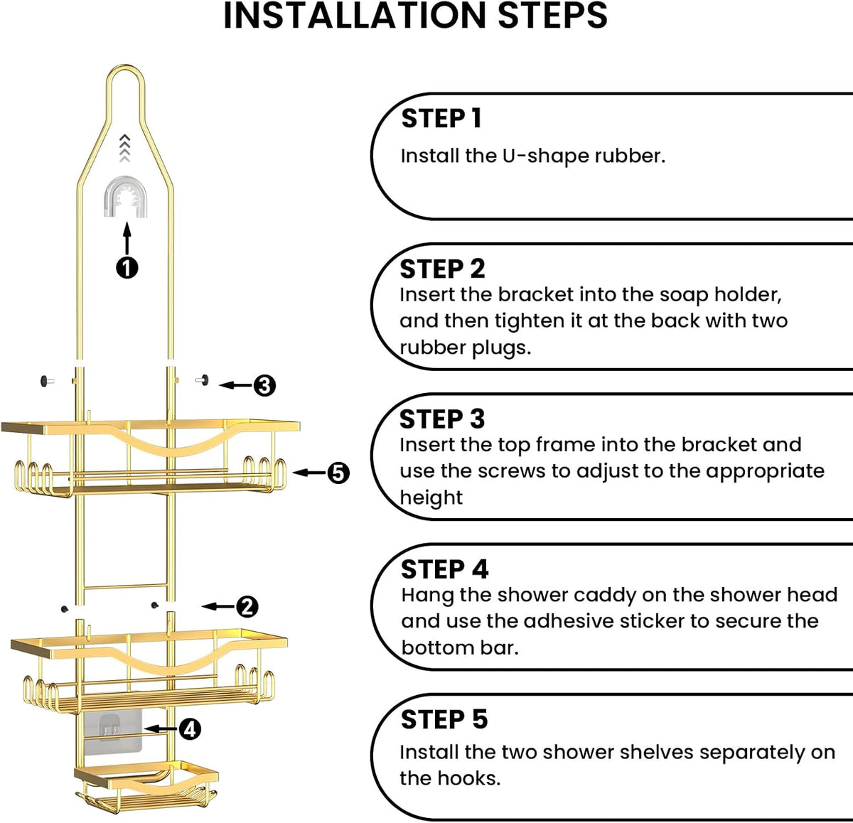 Adjustable Shower Caddy Hanging Rustproof Shower Organizer, Gold