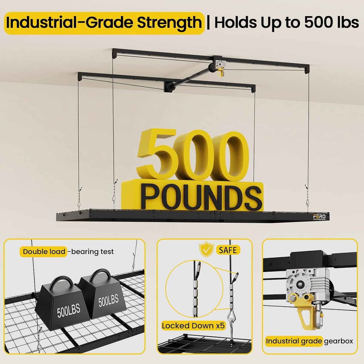 FERO Overhead Garage Storage Rack 4x8, 500 lb Heavy-Duty Capacity