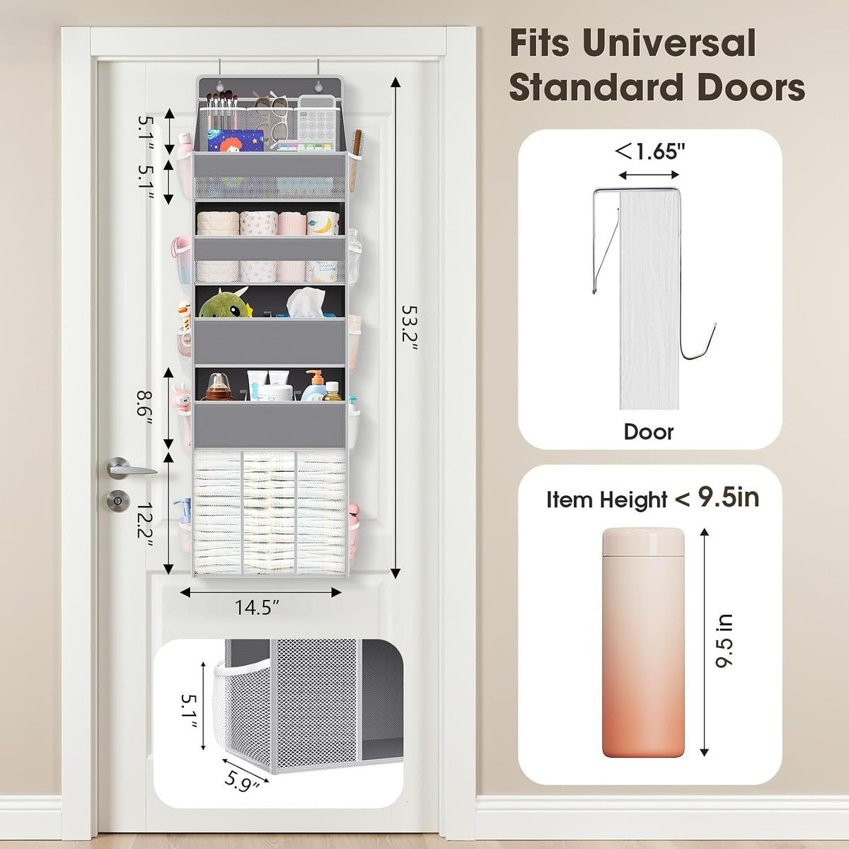 WISELIFE 5-Tier Over the Door Organizer for Nursery Hanging, Gray