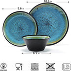 Melamine Dinnerware Sets, 12 Pcs Plates and Bowls for 4, Blue and Black