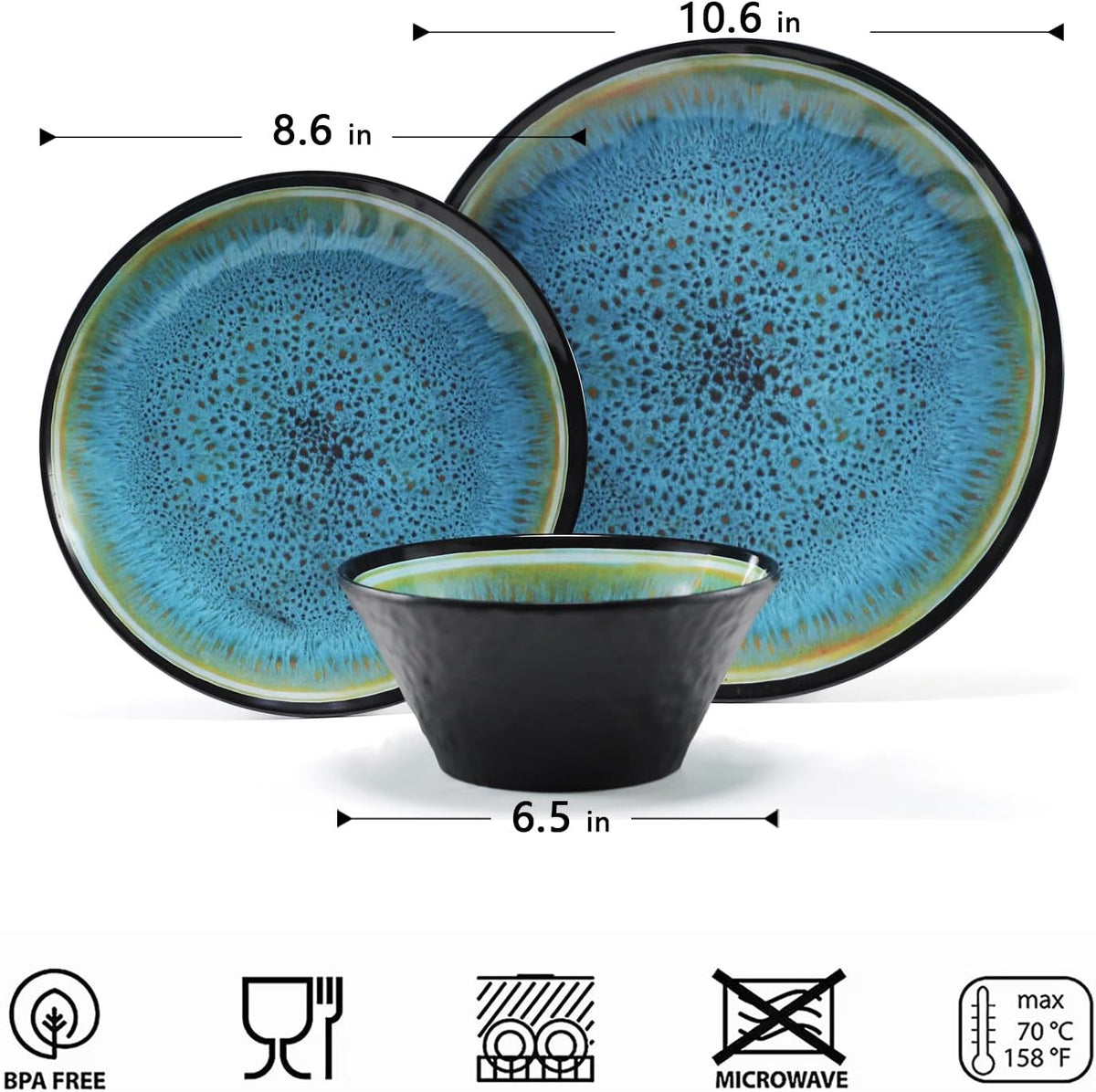 Melamine Dinnerware Sets, 12 Pcs Plates and Bowls for 4, Blue and Black