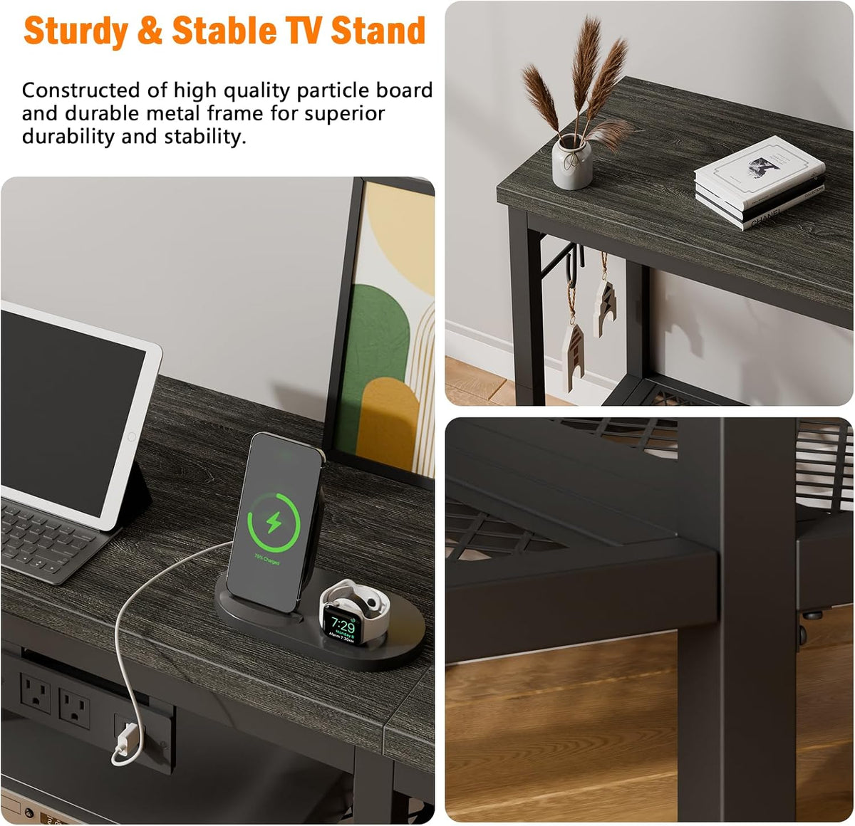 Furologee TV Stand with Power Outlets, Entertainment Center with Open Storage Shelves for TVs up to 55 Inch, Media Console Table with Soundbar Shelf for Living Room, Bedroom, Black Oak