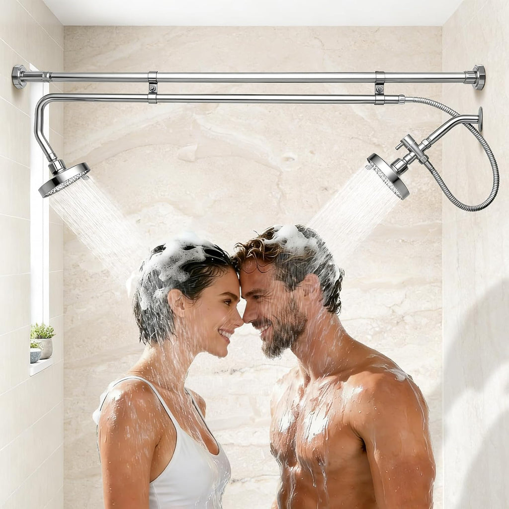 Tandem Shower System for Couples, Dual Shower Head for Two People, Double Bathroom Shower with Adjustable Height & 180° Rotation, High Pressure Design, Silver