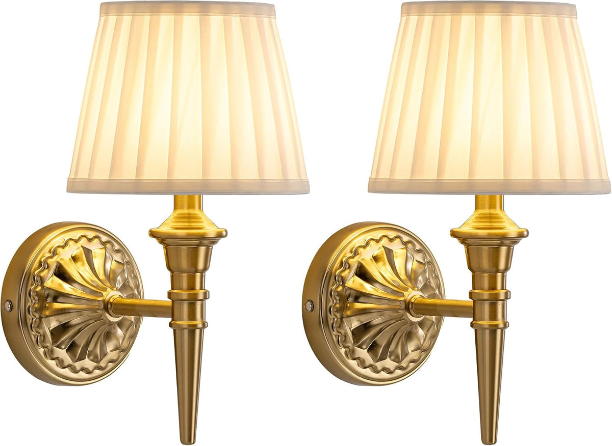 KDG Cordless Gold Wall Sconces Set of 2, Beige Fabric Lampshde Wall Lamps