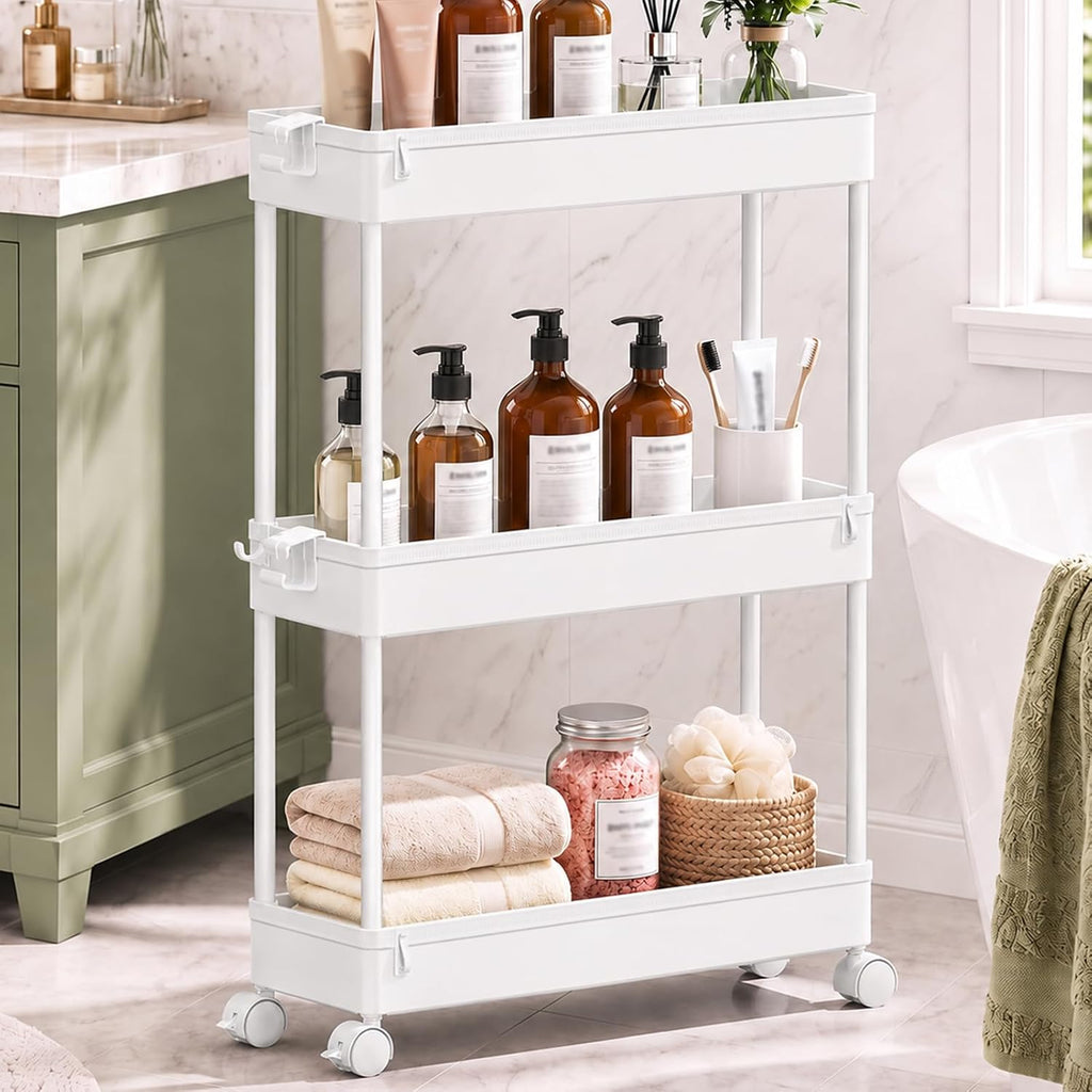 SPACEKEEPER Slim Rolling Storage Cart, 3 Tier Bathroom Cart Organizer,White