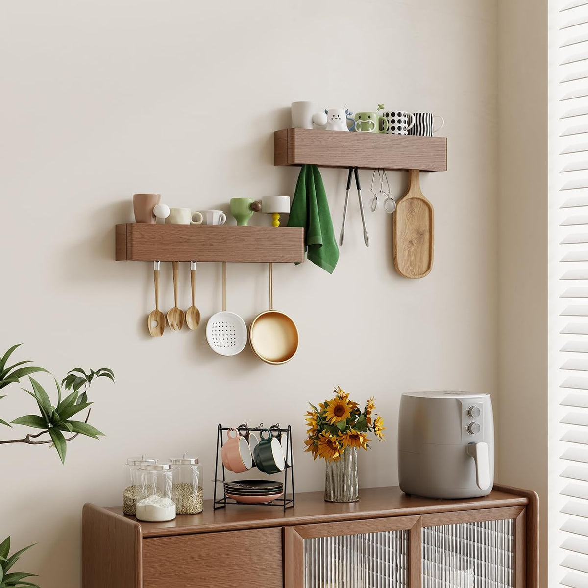 CycleCrew Solid Wood Wall Mounted Coat Rack with Shelf Hooks - Modern Floating Shelves with 5 Hidden Hooks, Heavy Duty Entryway Coat Key Holder Hanger for Hallway Bathroom Bedroom Home Decor