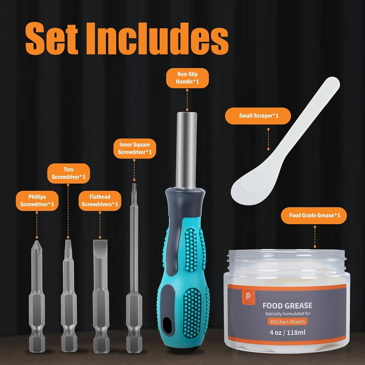 Grease Kit Compatible with KitchenAid Stand Mixer, 4 Oz Food Grade Grease & 4-in-1 Screwdriver Set with Spatula, Mixer Repair & Maintenance Kit, Reduces Gear Wear & Noise