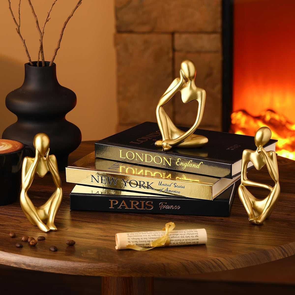 Feifeiya 6 Pcs Gold and Black Color Decorative Book & Thinker Statue Set