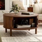 ZttRiee Round Coffee Table with Sliding Doors, Mid-Century, Walnut