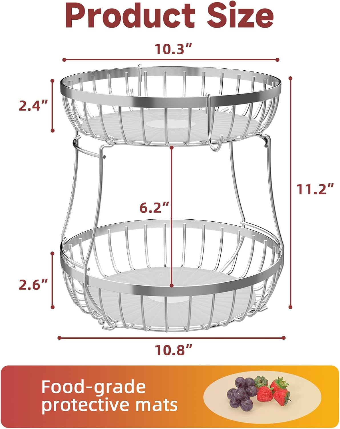Sevenblue 2 Tier Fruit Bowl for Kitchen Counter with Banana Hangers, Silver