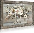 Floral Bouquet Wooden Framed Picture: Vintage Botanical Flowers in Crystal Vase Wall Art Artwork Print Rustic Abstract Nature Plant Painting for Living Room Bedroom Farmhouse