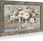 Floral Bouquet Wooden Framed Picture: Vintage Botanical Flowers in Crystal Vase Wall Art Artwork Print Rustic Abstract Nature Plant Painting for Living Room Bedroom Farmhouse