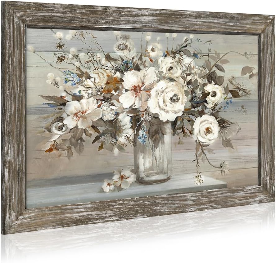 Floral Bouquet Wooden Framed Picture: Vintage Botanical Flowers in Crystal Vase Wall Art Artwork Print Rustic Abstract Nature Plant Painting for Living Room Bedroom Farmhouse