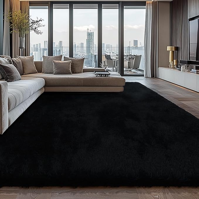 10X14 Large Shag Area Rugs for Living Room Bedroom, Big Soft Black Fluffy Rug by Boshengya