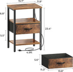 SUPERJARE Nightstand with Charging Station, Bed Side Table with Adjustable Fabric Drawer, Night Stand for Bedroom, 3-Tier Storage End Table, for Living Room, Rustic Brown