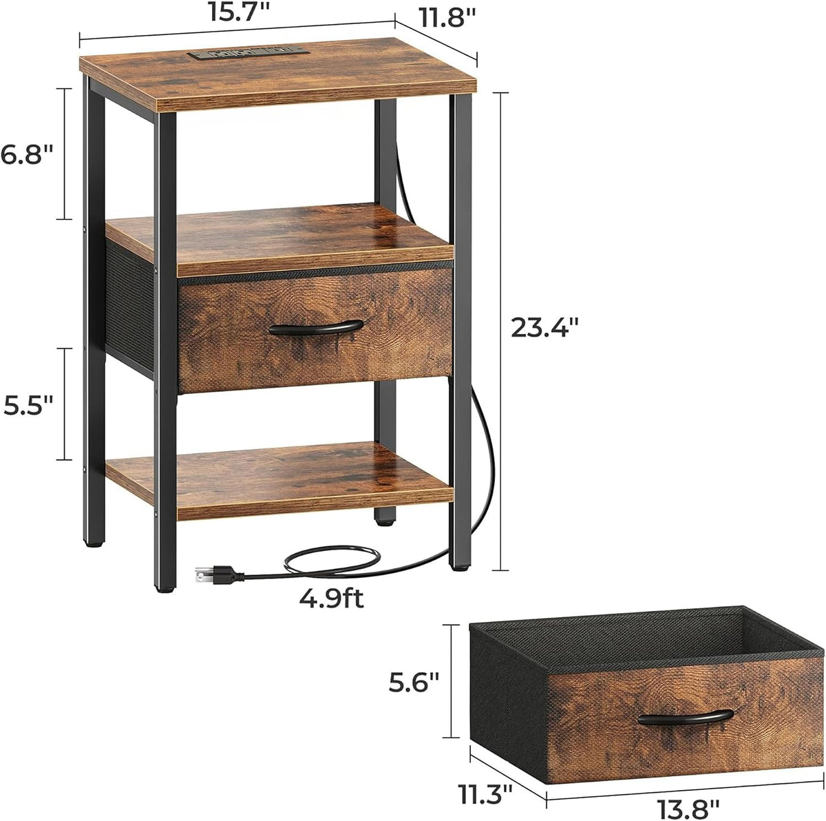 SUPERJARE Nightstand with Charging Station, Bed Side Table with Adjustable Fabric Drawer, Night Stand for Bedroom, 3-Tier Storage End Table, for Living Room, Rustic Brown