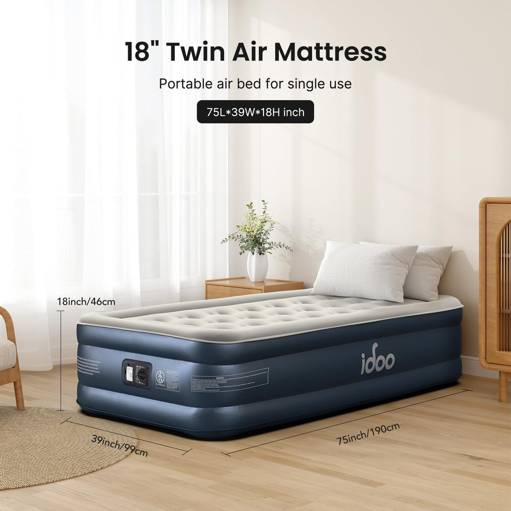 iDOO Twin Air Mattress with Built in Pump, Luxury Blow up Mattress, Comfort Inflatable Mattress for Camping, Guests & Home, Durable, Dual Chamber Single Air Bed, Colchon Inflable