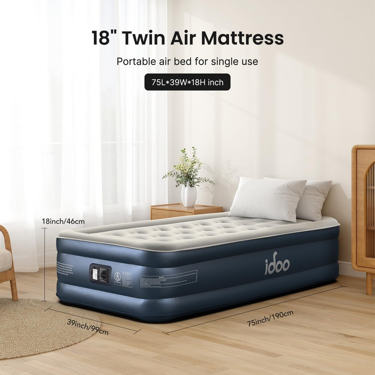 iDOO Twin Air Mattress with Built in Pump, Luxury Blow up Mattress, Comfort Inflatable Mattress for Camping, Guests & Home, Durable, Dual Chamber Single Air Bed, Colchon Inflable