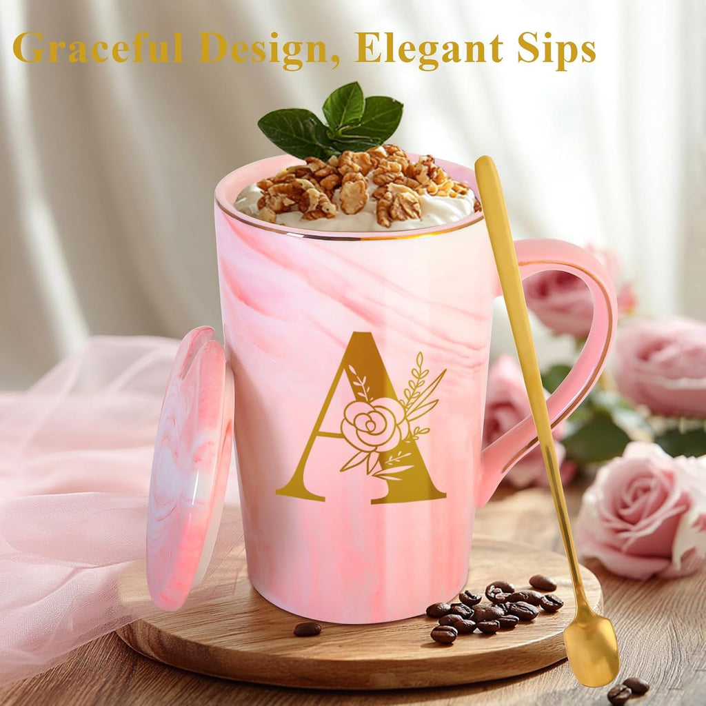 Personalized Ceramic Women Coffee Mug Tea Cup with Lid Heavy Pretty Large Pink Customized Cool Cute Women Birthday Christmas Gift for Her Wife Mother Day Grandma Girlfriend Friend Friendship Unique,A