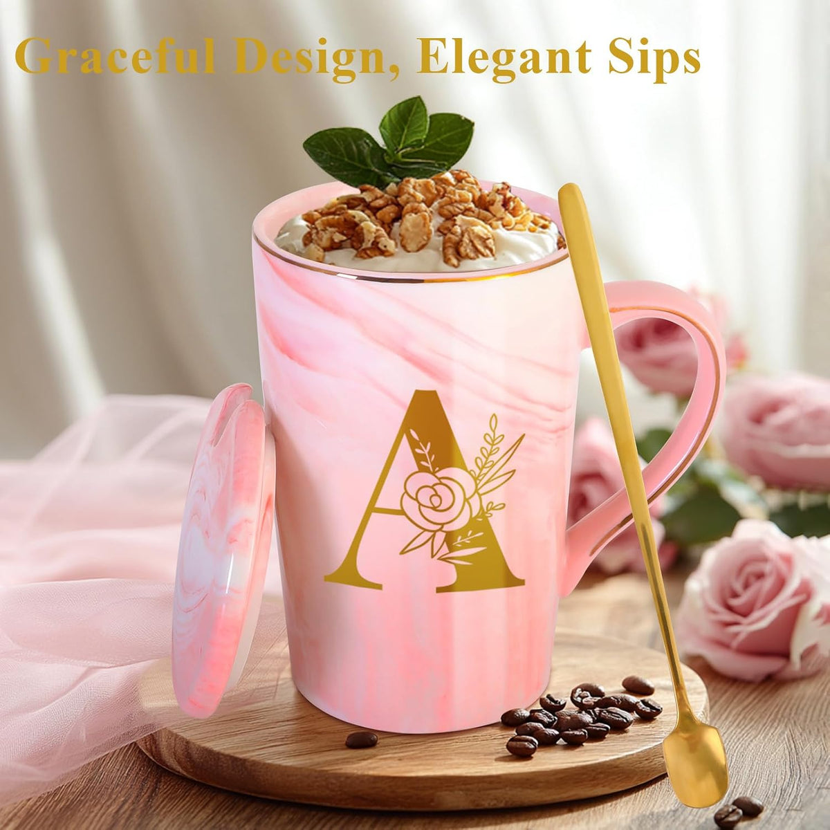 Personalized Ceramic Women Coffee Mug Tea Cup with Lid Heavy Pretty Large Pink Customized Cool Cute Women Birthday Christmas Gift for Her Wife Mother Day Grandma Girlfriend Friend Friendship Unique,A