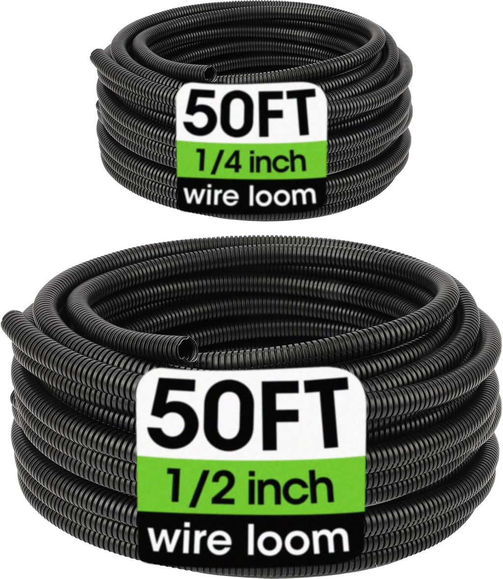 Wire Loom 1/4", 1/2", 3/8 Inch x 50 FT, Split Wire Loom Tubing Wire Conduit, Cable Sleeves Bulk Flexible Electrical Conduit Protective kit