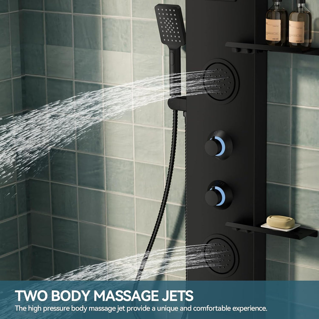 5 in 1 Matte Black Rainfall Shower Panel Tower System With Storage Shelf