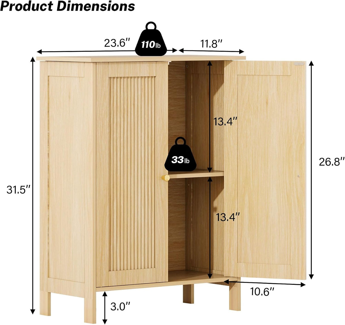 Fluted Bathroom Storage Cabinet with 2 Doors & Shelf, Natural