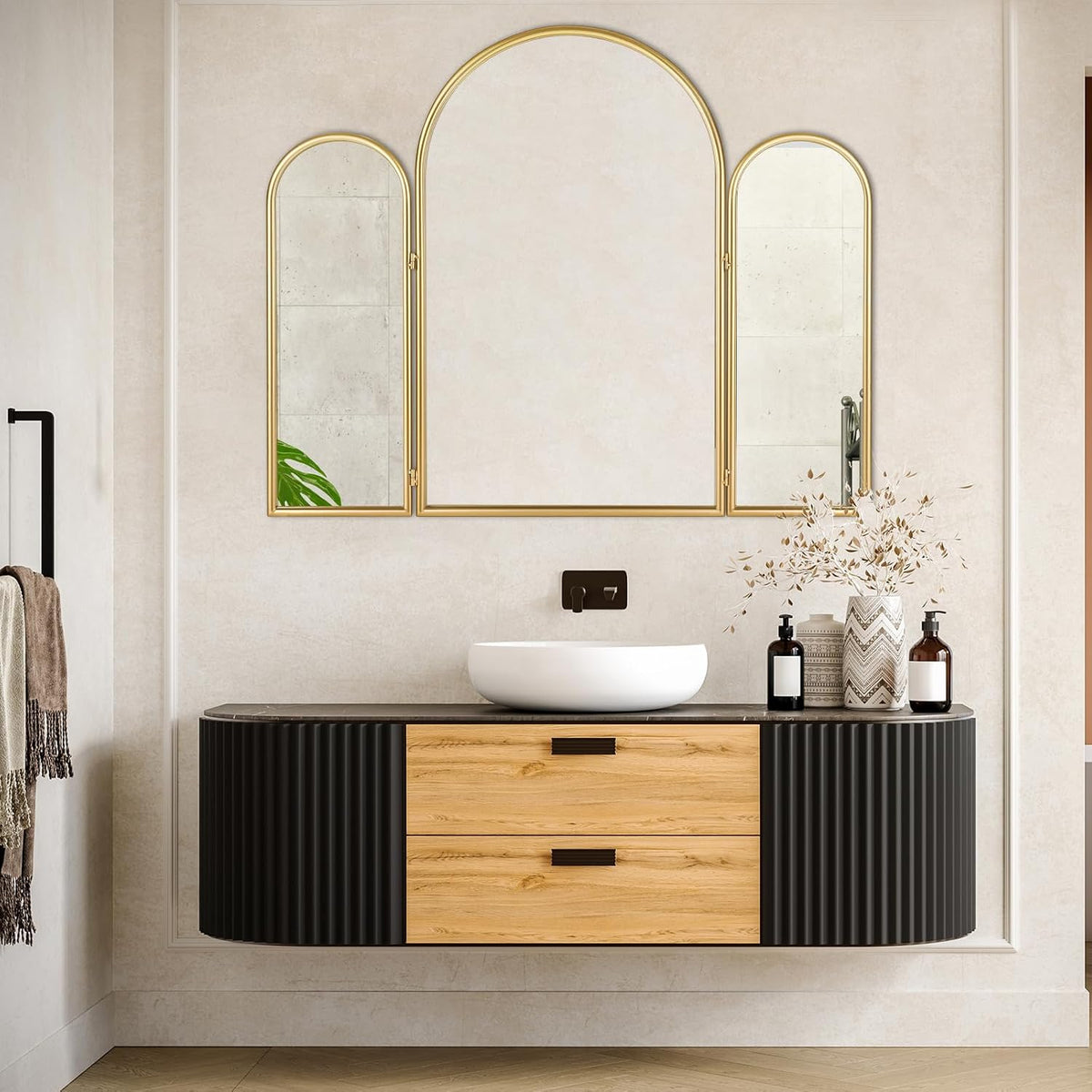 Tri-Fold Vanity Mirror 3 Way, 37"x30" Gold Vintage Mirror with Metal Frame