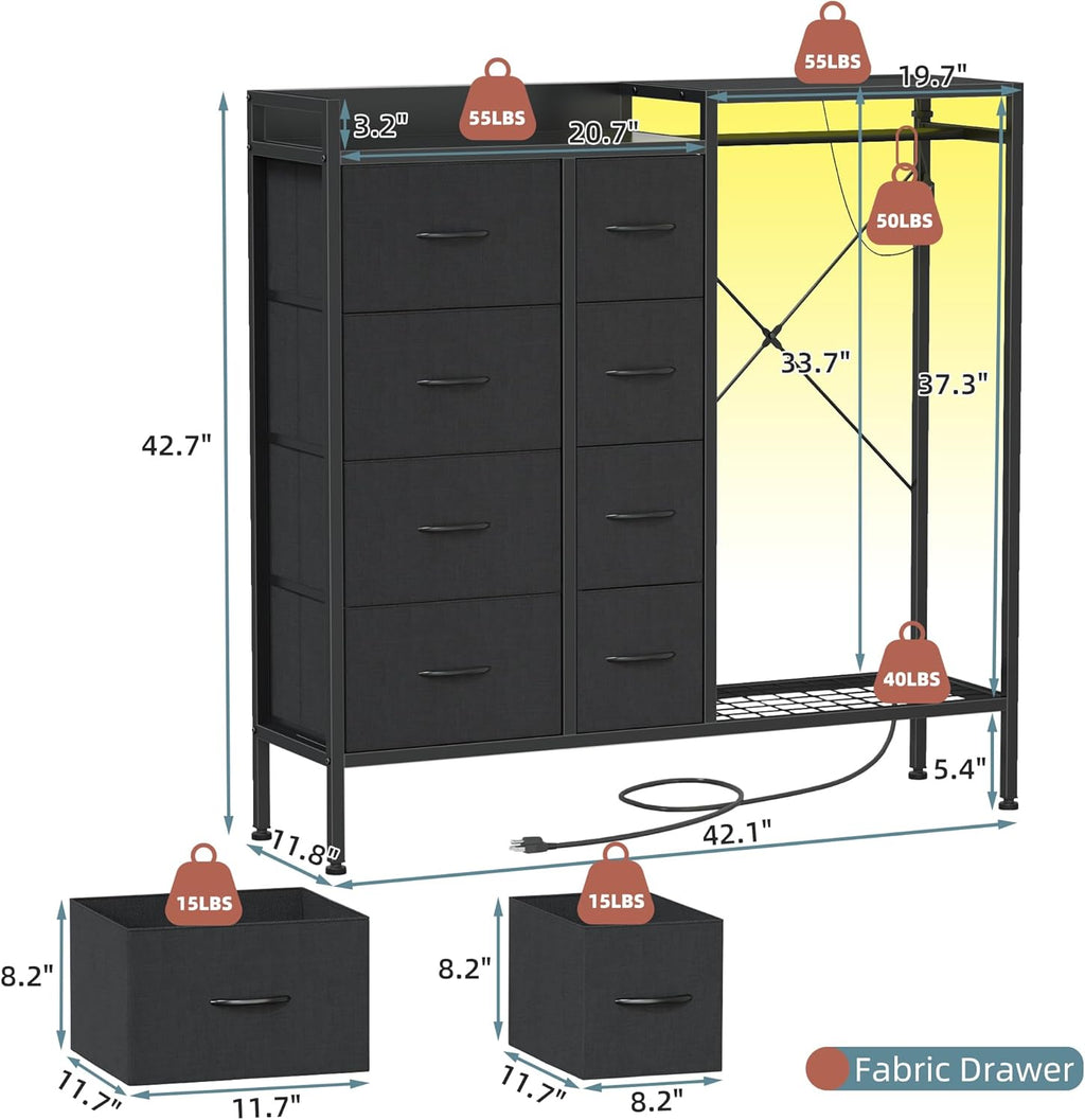 HIGDBFE 8-Drawer Dresser with Hanging Rack for Bedroom, Black, 11.8" D