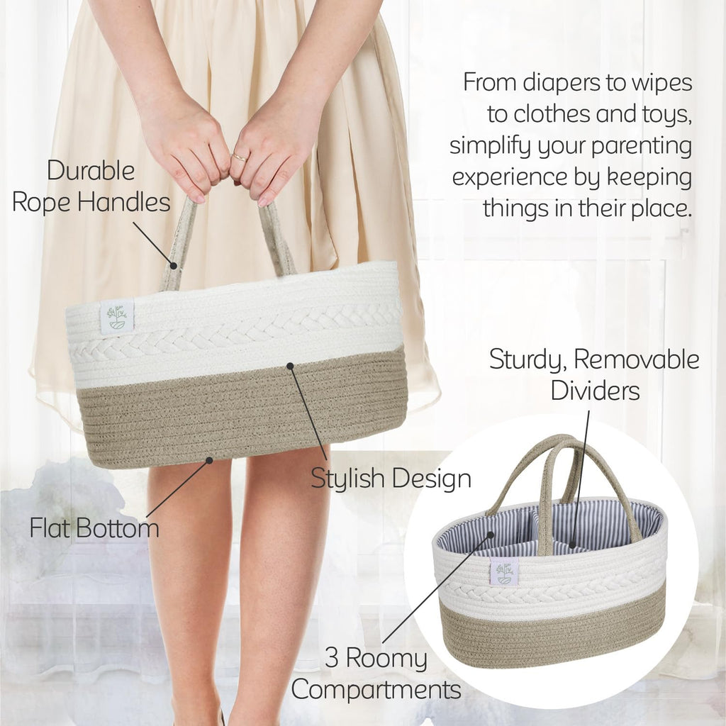 Baby Diaper Caddy Organizer, Cotton Nursery Baby Gift Basket with Handle Lid Baby Caddy Organizer, Portable Baby Basket Diapers & Wipes, Basket for Moms, Wheat Field - Large