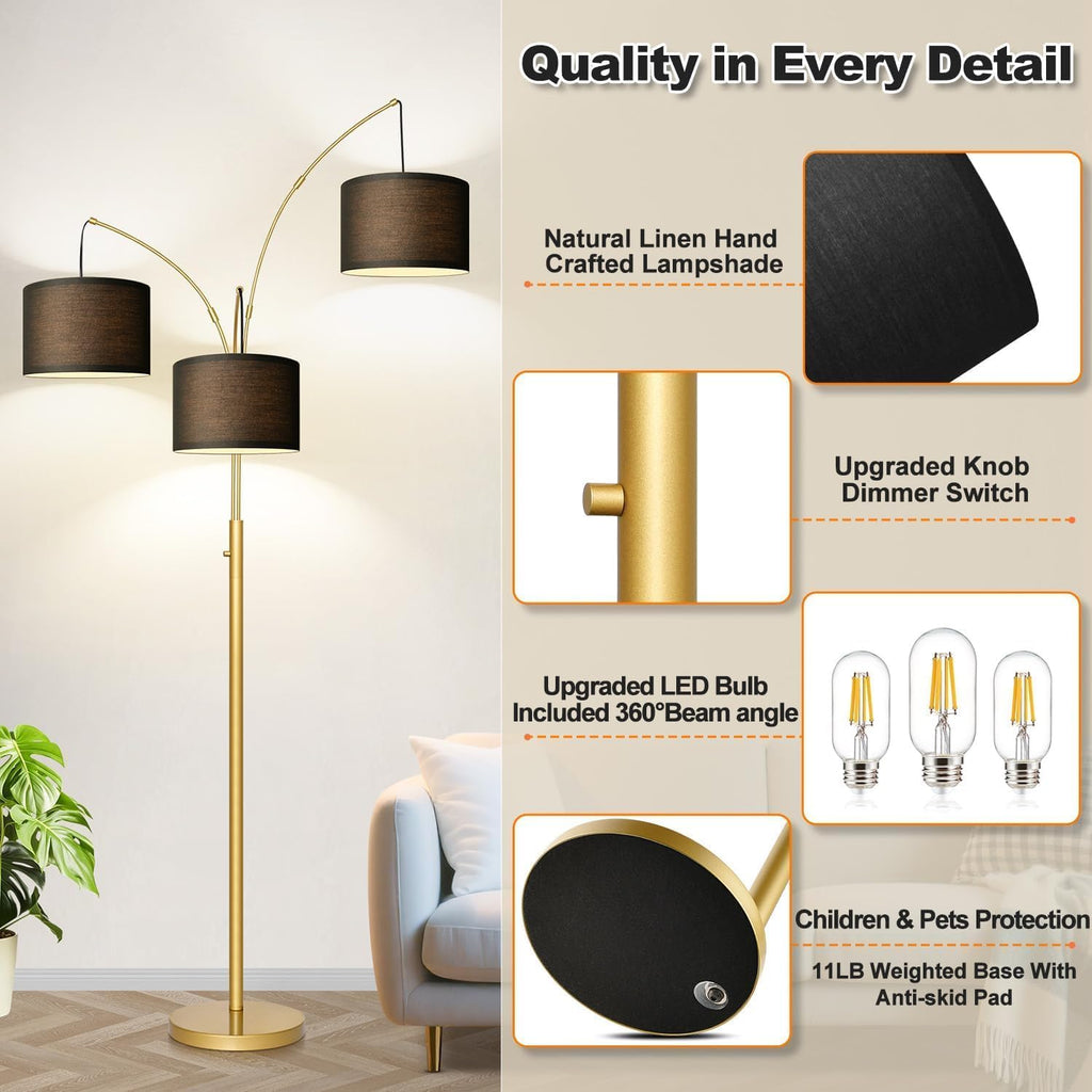 Dimmable Floor Lamp - 3 Lights Gold Arc Floor Lamps for Living Room, 1000LM Modern Tall Standing Lamp With Black Shades&Heavy Base, Mid Century Tree Floor Lamp for Bedroom Office, 3 LED Bulbs Included