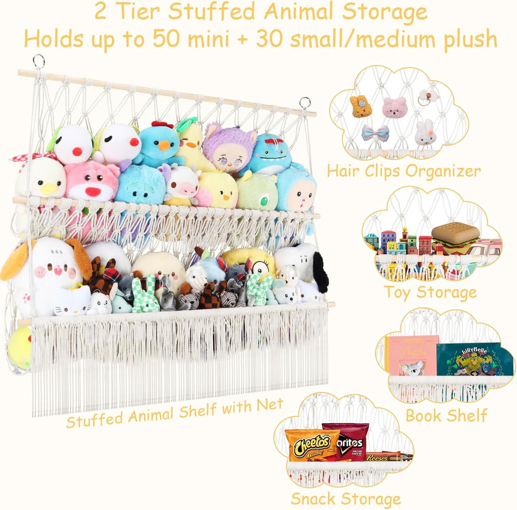 2 Tier Stuffed Animal Storage Shelf Net, 35x30'' Large Plushie Net Beige