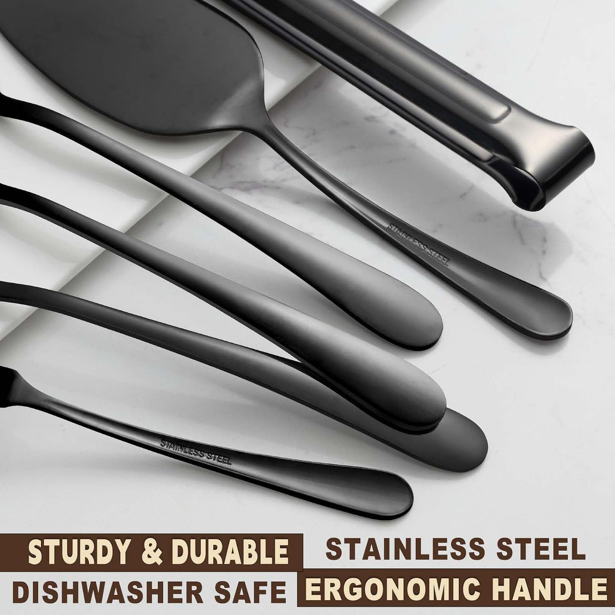 BEWOS Black 20-Piece Serving Set, Black Slotted Spoons & Tongs, Forks, Cake Server & Butter Knife, Stainless Steel, Dishwasher Safe