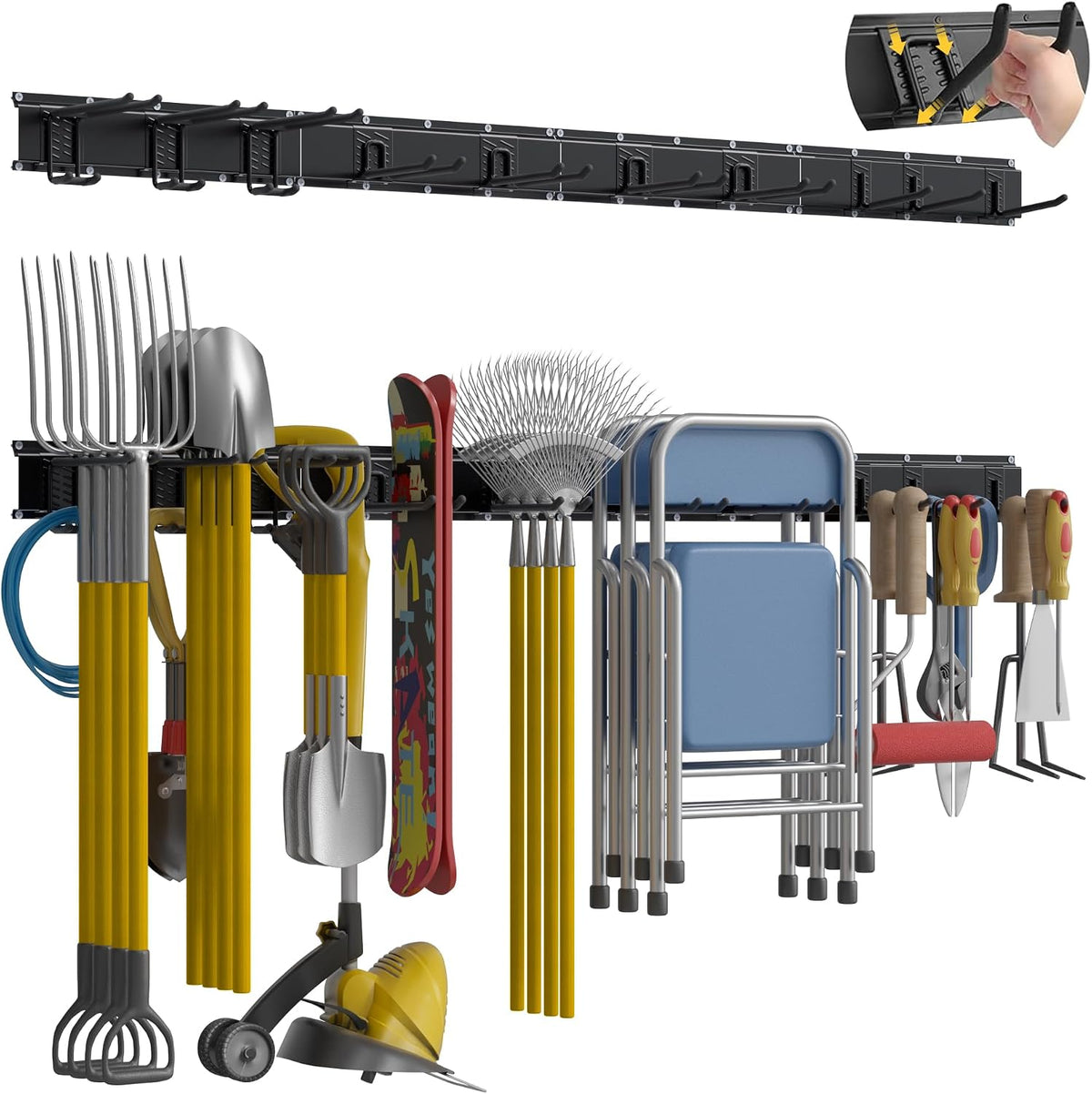 Garage Tool Organizer Wall Mount with 48 inches Rails and 7 Adjustable Heavy-Duty Hooks, Garden Tool Organizer, 10 Pack Carries 440 lbs, Heavy Duty Garage Storage Rack For Yard, Shed, Easy to install