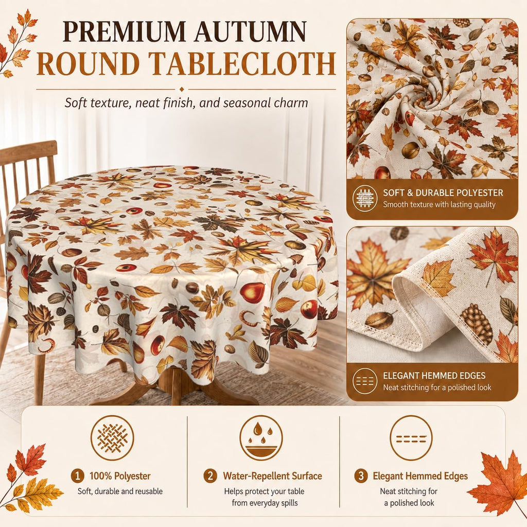 Fall Round Tablecloth 60 Inch Fruit Maple Leaves Table Cloth Thanksgiving Harvest Table Decorations Autumn Table Cover for Holiday Kitchen Dining Party Season Decor